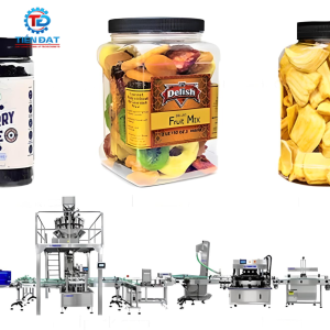 Dây chuyền chiết rót và dán nhãn lọ trái cây khô tự động